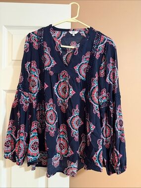 crown & ivy Navy Medallion Peasant Blouse with Pink & Teal Accents